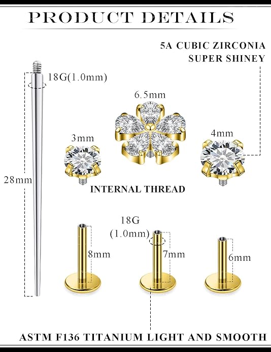20G 18G 16G Astm F136 Titanium Internal Thread Flat Back Earrings Nose Studs Tragus Forward Helix Conch Cartilage Lobe Earring Stud Medusa Labret Monroe Lip Ring Piercing Jewelry For Women Men
