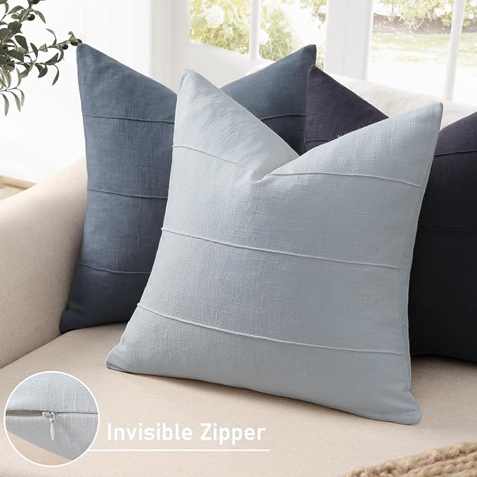 ZWJD Decorative Linen Throw Pillow Covers 26x26 Set of 2 Solid Handcrafted Striped Cushion Covers for Bed Soft Modern Farmhouse Neutral Pillowcase for Couch Bedroom Living Room Home Decor(Sky Blue)