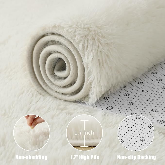 Fluffy Area Rugs for Bedroom Decor Aesthetic, 8x10 Large Cream White Shag Rug with Non-Slip Backing for Living Room, Fuzzy Plush Carpet Washable Rug Modern Home Decor for Kids Nursery Girls Room