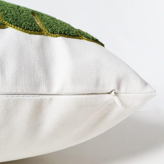 Embroidery Throw Pillow Cover 18x18 Green 7 Tropical Monstera Leaves Loop Plant Floor Pillow Cover for Couch Gift 100% Cotton Decorative Cushion Cover Home Décor Pillow Case 45x45cm, 1 Piece
