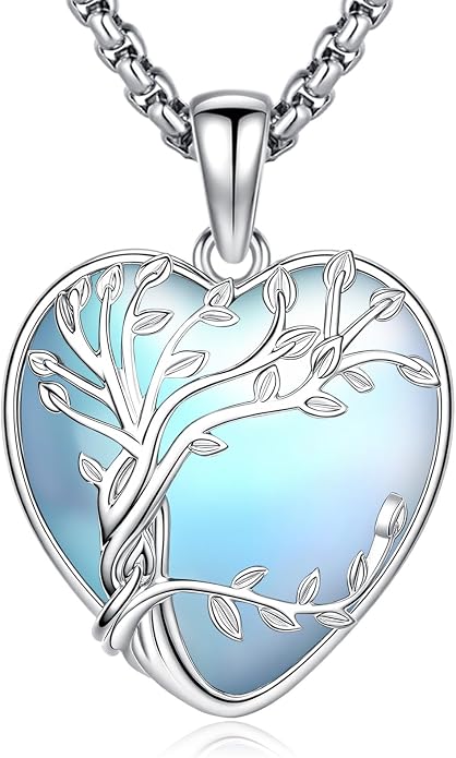 Eusense Tree of Life Necklace for Women White Gold Plated Copper Moonstone/Turquoise/Black Onyx/Crystal Birthstone Pendant Jewelry Gifts for Women Men