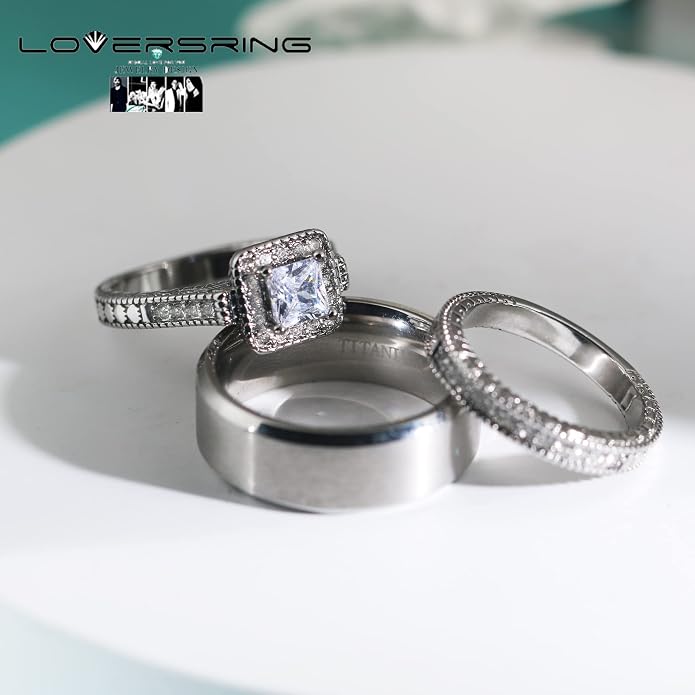 Couple Ring Bridal Set His Hers Women 10k White Gold Filled AAA Cz Men Stainless Steel Wedding Ring Band Set