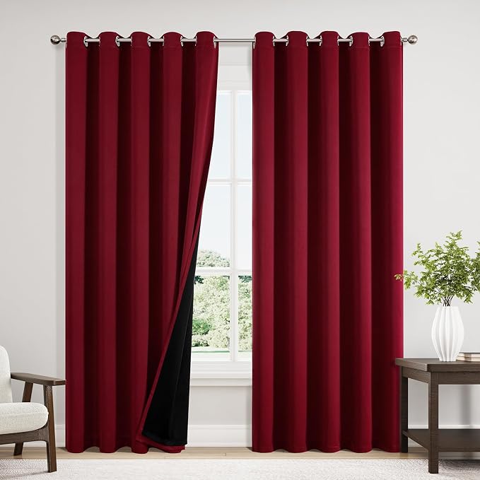 ChrisDowa 100% Blackout Curtains for Bedroom 84 Inches Long 2 Panels Set | 2 Thick Layers, Thermal Insulated, Light Blocking, Grommet, Window Treatment, Living Room Drapes, Burgundy, 60 x 84 Inch