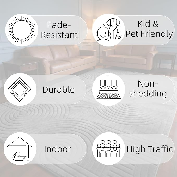 8x10 Grey Area Rug - Washable Fluffy High-Low Pile Gray Rugs for Living Room Bedroom, Modern Geometric Pattern, Non-Slip Textured Indoor Carpet for Nursery, Kids Room, Apartment, Home Office
