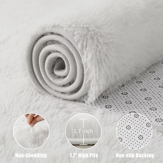 Macgace Small Throw Rugs for Bedroom, 2x3 White Mini Non-Slip Area Rug, Super Soft Plush Fluffy Carpet Modern Home Decor Aesthetic for Entryway Entrance Nursery Kids Room Dorm Office