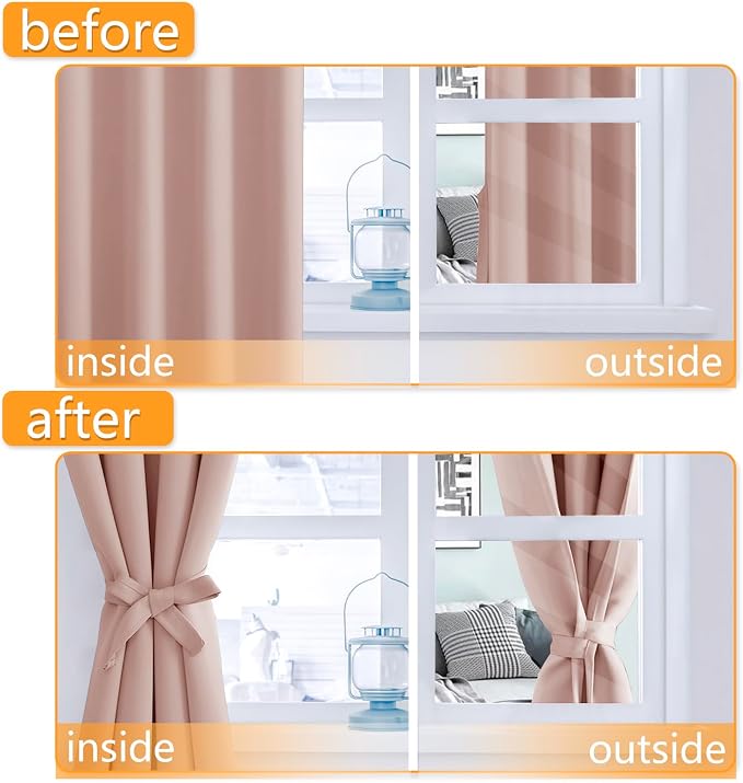 Hiasan Grommet Blackout Curtains for Bedroom, 42 x 84 Inches Long - Thermal Insulated Light Blocking Window Curtains for Living Room, 2 Drape Panels Sewn with Tiebacks, Blush