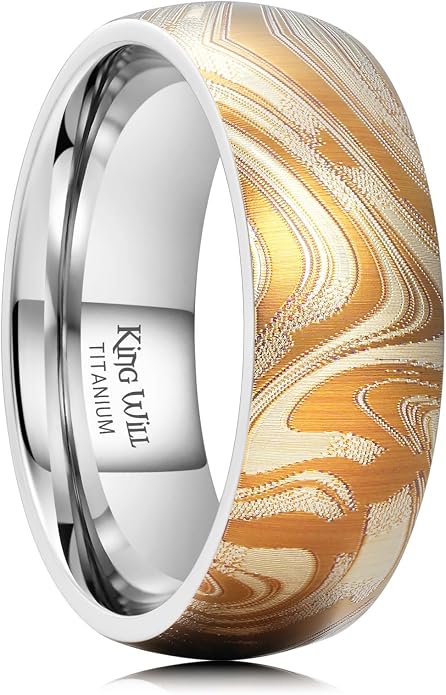 King Will Titanium Wedding Ring for Men Women, 8mm Width Gold/Silver Wedding Band with Unique Random Laser Textured and Multi-Color Laser Engraved Titanium Ring Comfort Fit and Durable Size 8-12
