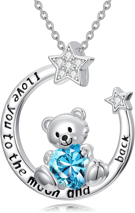 PELOVNY Teddy Bear Necklace for Women 925 Sterling Silver Bear/Highland Cow/Fox/Cat/Axolotl Birthstone Necklace Christmas Birthday Jewelry Gifts for Mom Daughter Wife Sister