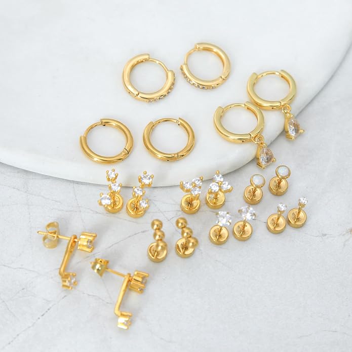 Stainless Steel Stud Earrings Set for Women Hypoallergenic Flat Back Cartilage Earrings Screw Back Huggie Hoop Earrings Multiple Piercing Cubic Zirconia Helix Tragus Jewelry