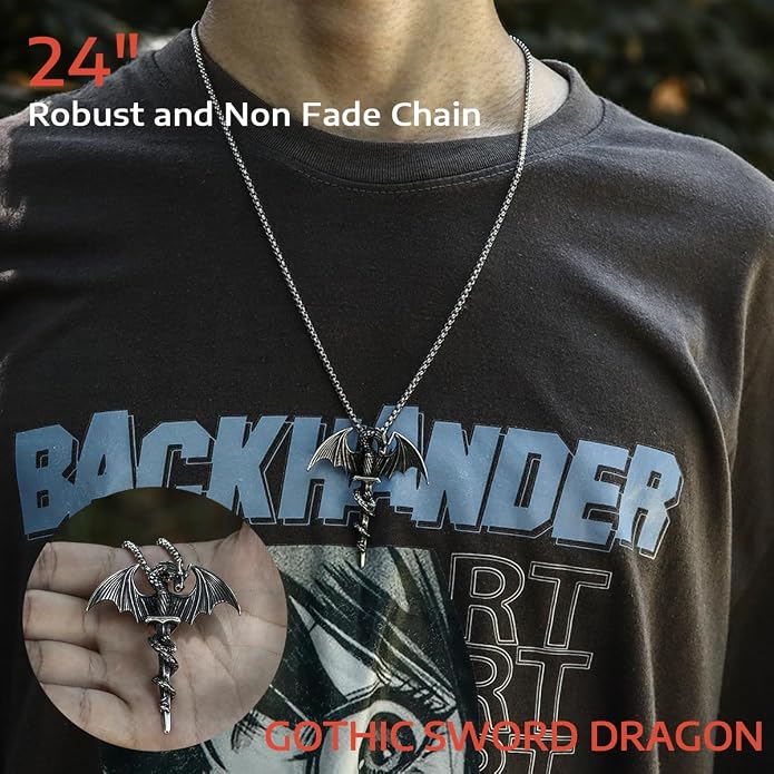 GTHIC Stainless Steel Nordic Viking Dragon Pendant Necklace Vintage Sword Jewelry With Chain