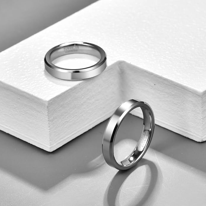 Vakki Tungsten Ring for Men 4mm 6mm 8mm Silver Plain Engagement Wedding Band High Polish Finish and Beveled Edges Comfort Fit Size 5-12