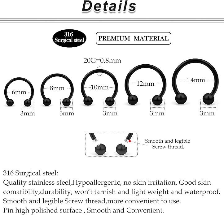 20G-00G Septum Rings Ear Gauges Earrings Stretching Kit 316L Surgical Steel Horseshoe Septum Pa Piercing Jewelry for Women 10mm 12mm 14mm 16mm