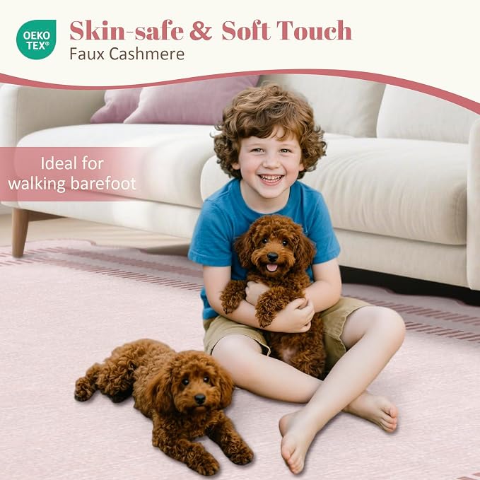 Pink Rugs for Living Room 9x12, Machine Washable Scalloped Area Rugs for Bedroom Girls, Non Slip Ultra-Thin Low-Pile Carpet for Playroom Nursery Kids Room