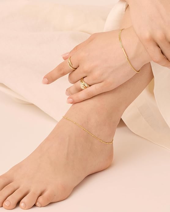 PAVOI 14K Gold Plated Chain Anklets for Women - Minimalist Link Chain Ankle Bracelet - Dainty Gold Anklets for Women - Trendy Summer Beach Jewelry Gifts - Snake, Figaro, Mariner, Paperclip, Beaded