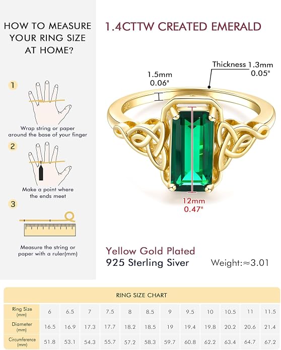 DAYBYDAY Celtic Birthstone Rings for Women, 925 Sterling Silver/18K Gold Plated Emerald Cut Celtic Knot Engagement Wedding Ring, Square Created Gemstone Promise Rings for Her Size 6-10