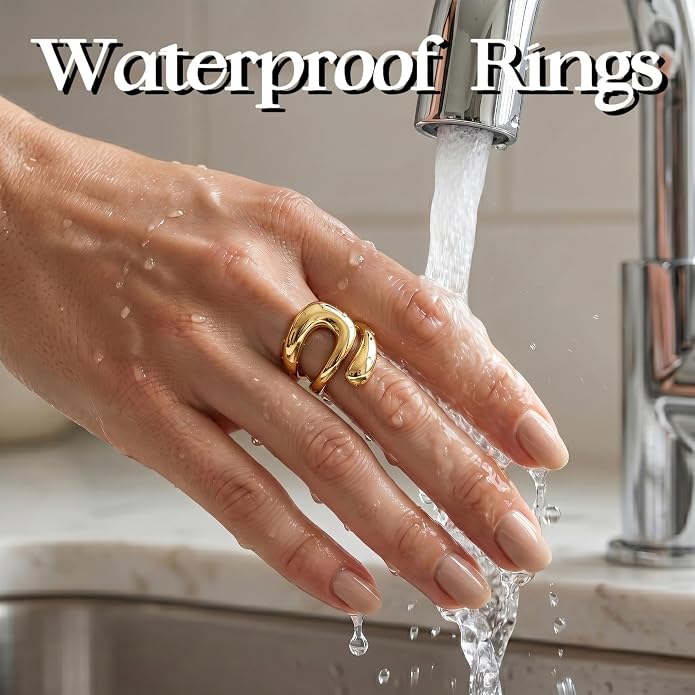 Gelbesty Waterproof Gold Statement Rings for Women, 14K Gold Plated Chunky Open Stackable Rings Non Tarnish Fashion Adjustable Stainless Steel Pinky Knuckle Signet Vintage Ring Jewelry Size 5-11