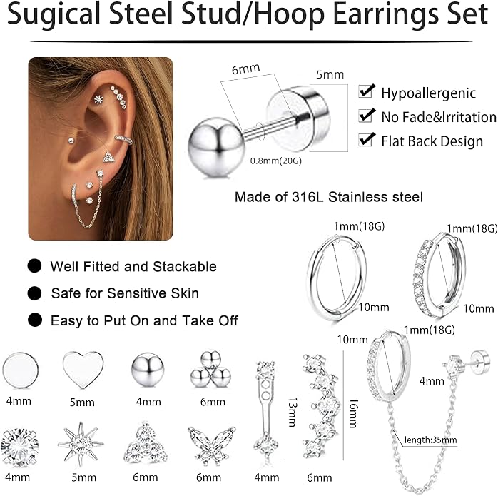 LOFITOR Gold Earrings for Women Hypoallergenic 20G Surgical Stainless Steel Flat Back Stud Earrings Dainty Stackable Earring Stacks Hoop Cartilage Earring Sets for Multiple Piercing