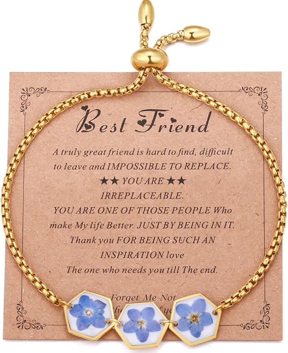 AUNTESIGN Forget-Me-Not Pressed Wildflower Bracelet | Pressed Flower Bracelet | Gold/Silver Pressed Flower Jewelry | Personalized Handmade Jewelry | Gift For Women