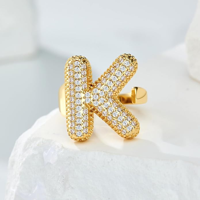 Cicy Bell Initial Rings for Women 14k Gold Plated Cubic Zirconia Delicate Letter Chunky Statement Open Rings Gifts for Her
