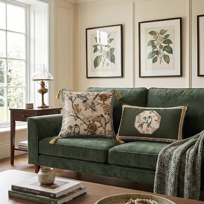 ISAENNE Vintage Elegant Linen Rectangle Throw Pillow Cover,20"x12"-Murad E | Designer French Green Pillow Cover,Concealed Zipper Design,Floral and Bird Pattern,Sofa,Bedroom,Living Room,Lounge Chairs