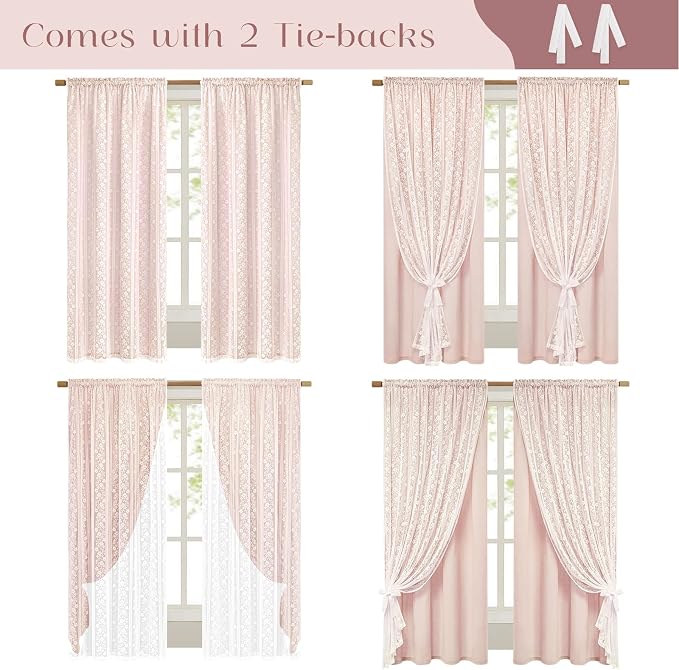 ASPMIZ Linen Pink Curtains for Bedroom, Double Layered Curtain 84 Inch Length 2 Panels Set, Farmhouse Rod Pocket Curtains & Drapes with Tiebacks, Light Filtering Curtain for Living Room, 52 x 84 Inch