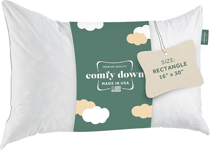 ComfyDown 16x30 Throw Pillow Insert, Down & Feather Fill, 100% Cotton Cover, Made in USA – Premium Soft Lumbar Decorative Pillow Form Sham Stuffer for Bed, Sofa & Couch