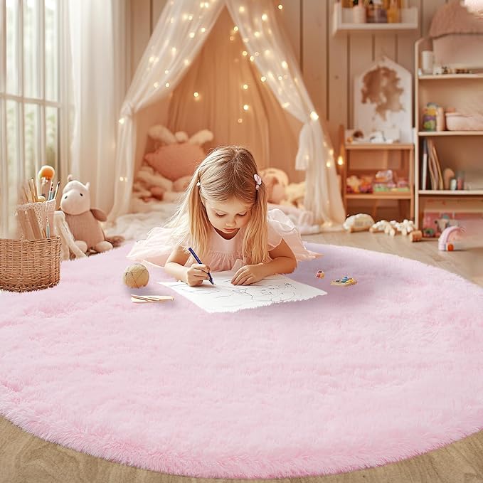 Round Area Rug for Living Room: Pink Shag Rugs for Living Room- 8x8 Feet Large Fluffy Round Rugs- Shag Shaggy Pink Rugs Soft Plush Indoor Carpets for Bedroom, Nursery, 8ft