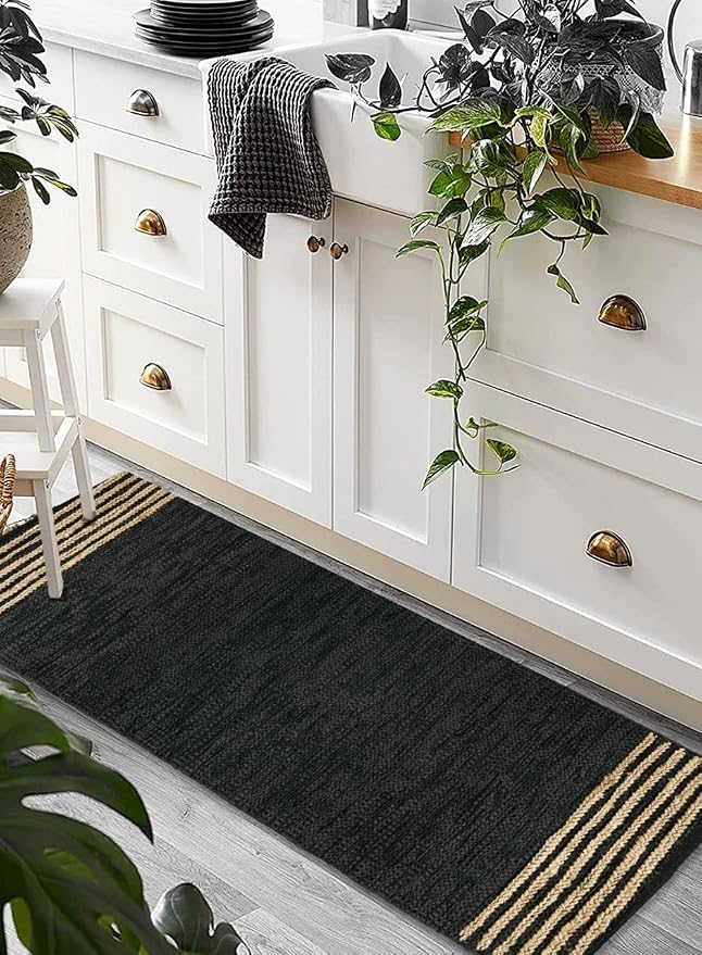 GRUHUM Jute Runner Rug 2'6"x 6' ft Natural Fiber Leather Black Jute Area Rug Handwoven Boho Farmhouse Braided Rustic Vintage Ecofriendly Indoor Rugs for Kitchen Living Room Bedroom Hallways Entryways