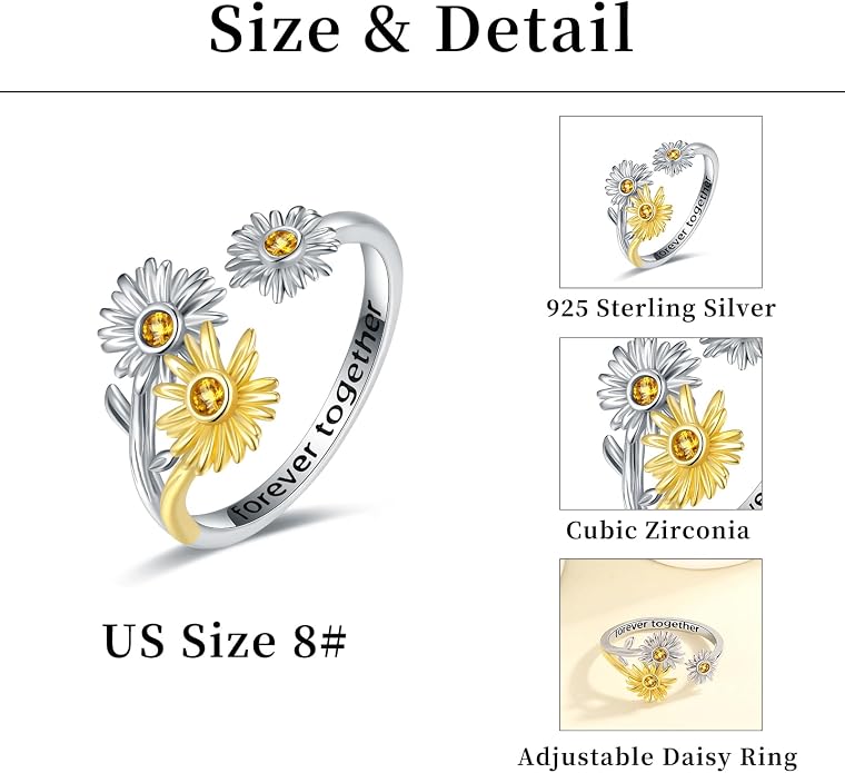 925 Sterling Silver Cute Daisy ring - Cubic Zirconia Adjustable Comfort Fit Dainty Simple Flower Stacking Statement Ring jewelry for Grandmother Mother Daughter Jewelry Gifts