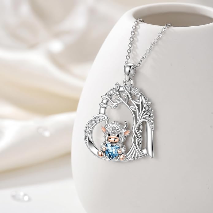 PELOVNY Teddy Bear Necklace for Women 925 Sterling Silver Bear/Highland Cow/Fox/Cat/Axolotl Birthstone Necklace Christmas Birthday Jewelry Gifts for Mom Daughter Wife Sister