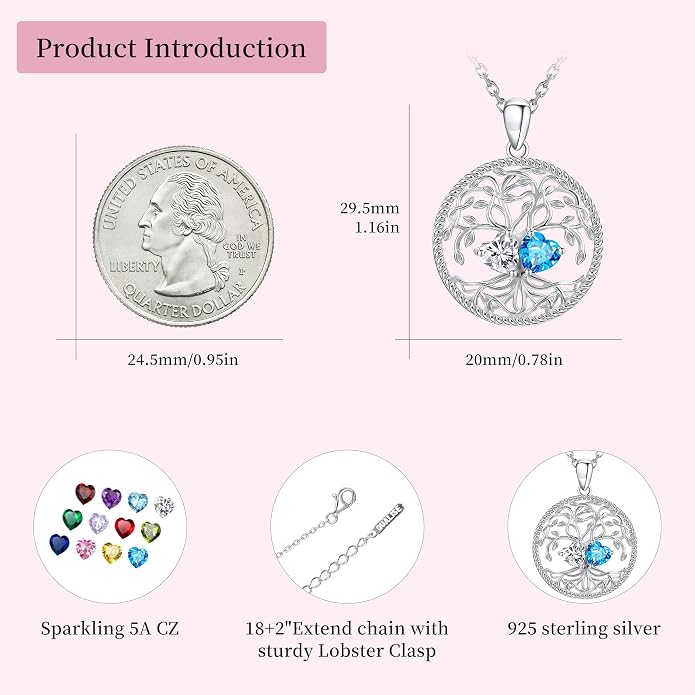 Mothers Day Gifts for Women，925 Sterling Silver Family Tree of Life Pendant Necklaces with 2 Heart Birthstone Jewelry Birthday Anniversary Christmas Gifts for Her Girlfriend Mom Wife Grandma Daughter