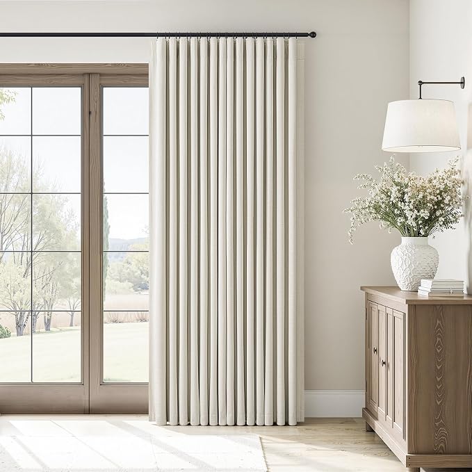 Topfinel 100% Blackout Natural Linen Flax Curtains 102 Inch Long Floor to Ceiling Panels Pinch Pleated Back Tab with Hooks and Rings, Milky White Elegant Bedroom Window Treatment 52" W*102" L