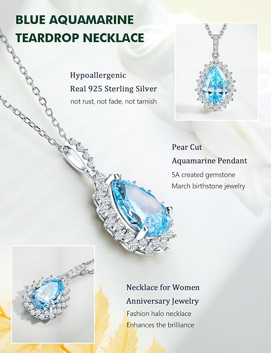 925 Sterling Silver Teardrop Necklace for Women Huge Created Gemstone Solitaire Halo Pendant Pear Cut Birthstone Necklace