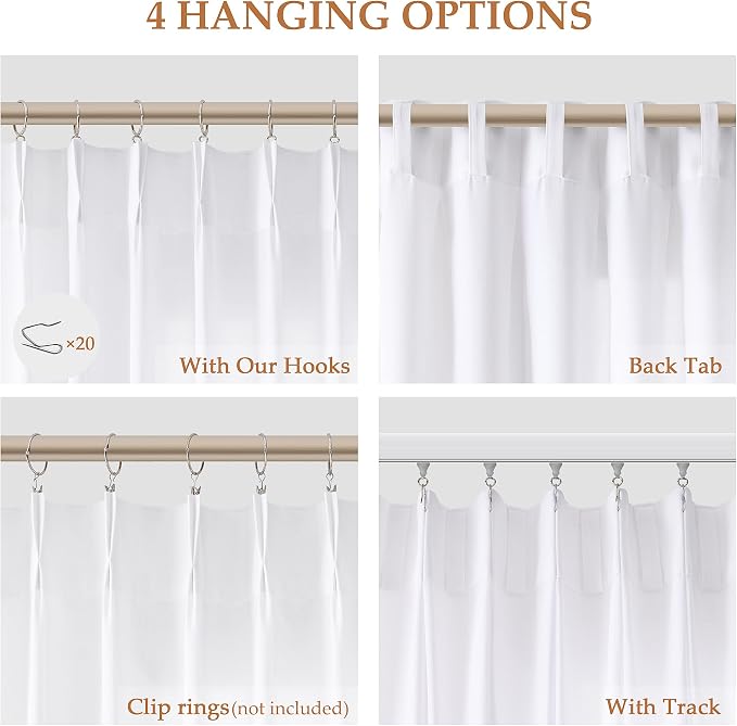 Aersas White Pinch Pleated Linen Curtains 105 Inches Long for Living Room Pinch Pleat Hooks for Track Back Tab Light Filtering Boho Farmhouse Semi Sheer 105 Inch Curtain for Dining Room Bedroom