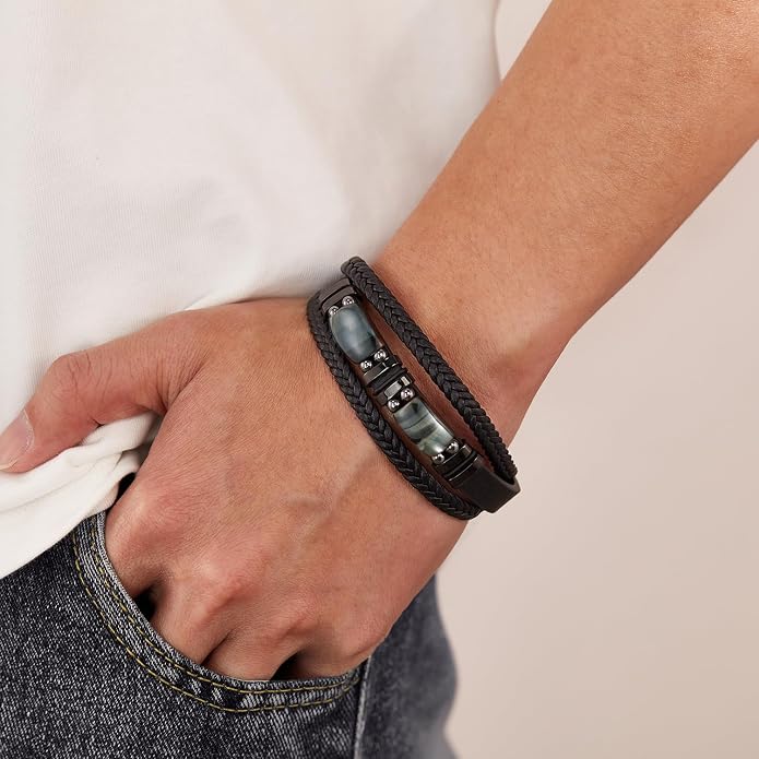 Mens Leather Bracelet Natural Tiger Eye Protection Multilayer Braided Wristband Bangle Gifts for Him