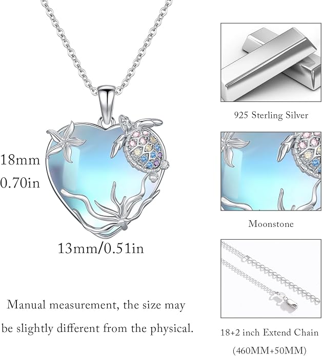 Sea Turtle/Seaweed Necklace for Women 925 Sterling Silver Heart of the Ocean Moonstone Pendant Necklace Turtle Moonstone Jewelry Gift for Wife Mom