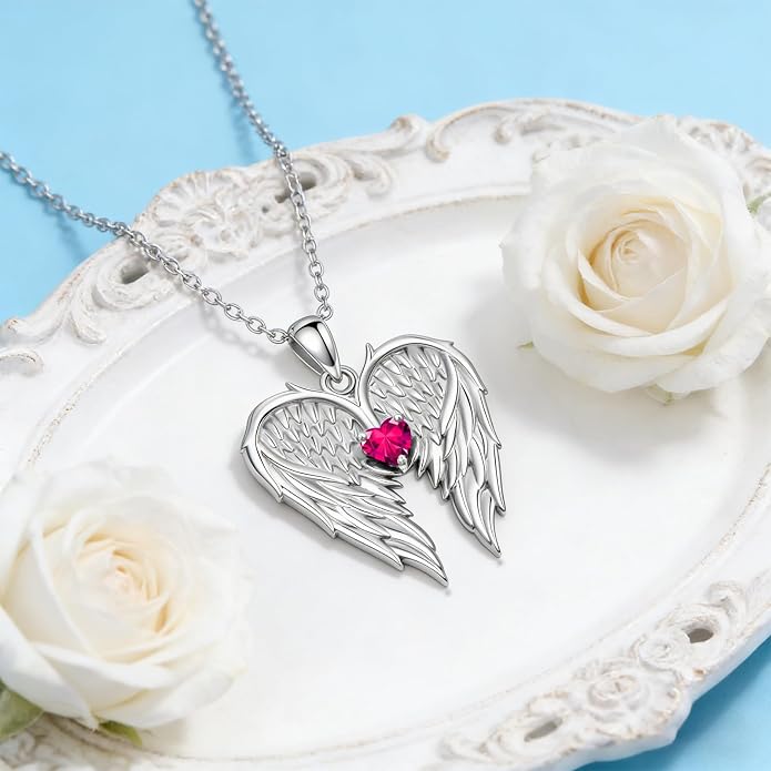 Dorunmo Guardian Angel Wing Pendant Birthstone Heart Necklace Birthday Jewelry Gifts for Women Mom Wife Daughter