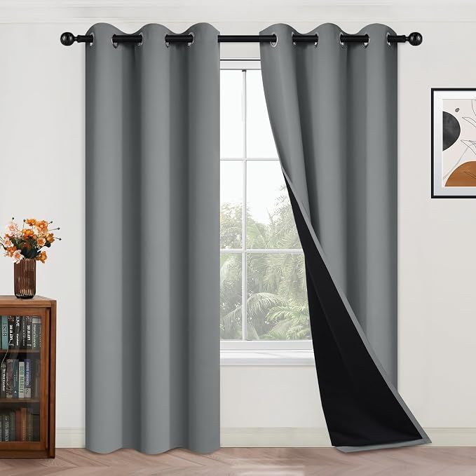Yakamok Dove Grey 100% Blackout Curtains 84 Inches Long 42" Wide 2 Panel | Blackout Curtain Panels for Bedroom, 2 Thick Layers Grommet Top Thermal Insulated Drapes with Black Liner for Living Room