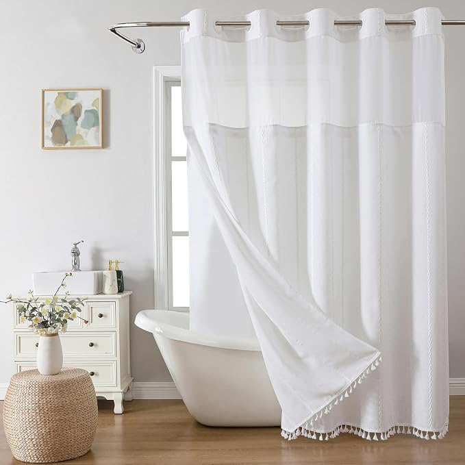 eachope No Hook Long Shower Curtain Set with Snap-in Fabric Liner,Linen Ultra Thick Fabric with Tassels,Boho Chic Modern Farmhouse Country Neutral Cloth Shower Curtains for Bathroom,White,71x80