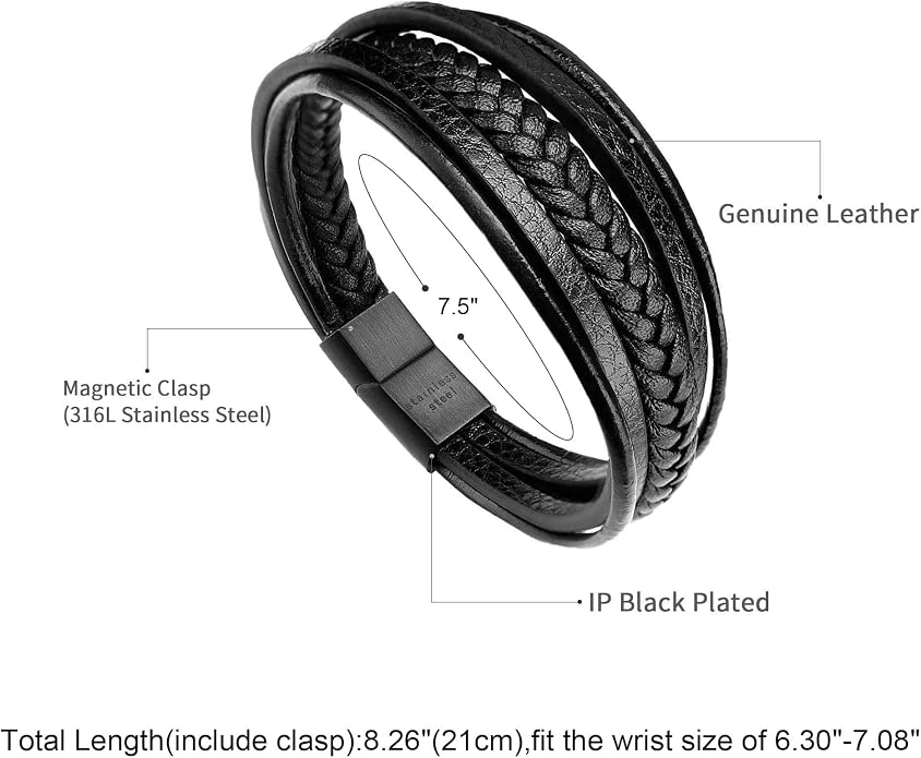 murtoo Mens Leather Bracelet with Clasp Cowhide Multi-Layer Braided Leather Mens Bracelet