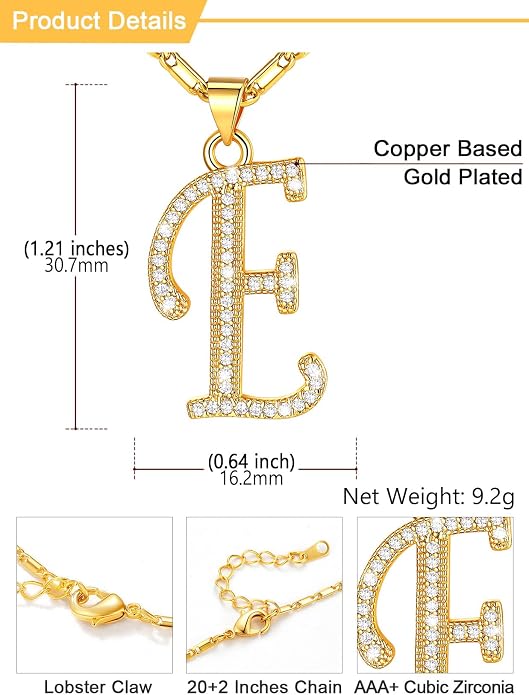 U7 Initial Necklace for Women, Gold/Platinum Plated CZ Crystal Letter A-Z Pendant Necklace, Shiny 20 Inch Name Chain Dainty Personalized Jewelry for Men Mom Wife Friend