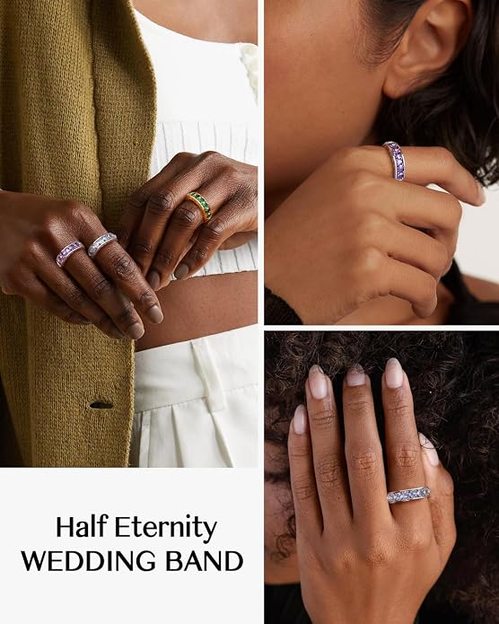 DAYBYDAY Oval Band Rings for Women, 925 Sterling Silver/14k Gold Plated Half Eternity Ring, Aquamarine/Ruby/Emerald/Sapphire Birthstone Rings, Thick Band Gemstone Anniversary Ring Size 6 to 10