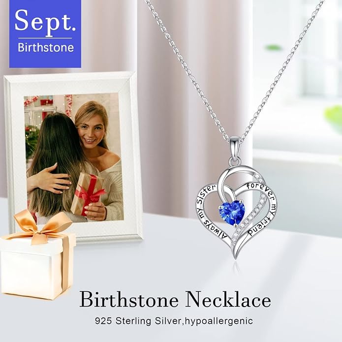 Iefil Gifts for Sister - 925 Sterling Silver Birthstone Necklace Sisters Jewelry
