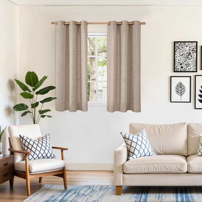 YoungsTex 48 Inch Length Linen Curtains, Burlap Tan Short Window Drapes | Bronze Grommet Privacy for Bathroom Bedroom Living Room Windows Light Filtering, 42 x 48 Inch, 2 Panels