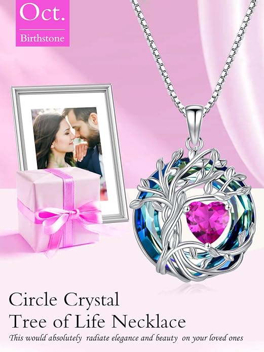 TOUPOP Tree of Life Birthstone Necklace Sterling Silver Pendant Birthstone Necklaces with Blue Crystal Anniversary Birthday Jewelry for Women Mom Wife Her