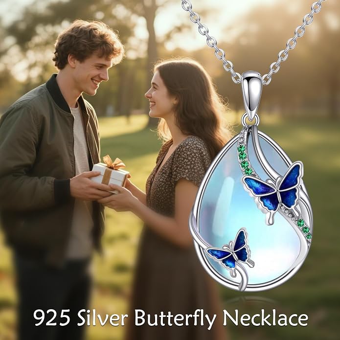 KQF Dragonfly/Butterlfy/Cat/Jellyfish/Bunny/Axolotl/Bee/Mermaid/Hummingbird/Elephant Necklace for Women Sterling Silver Moonstone Pendant Necklace Dragonfly Jewelry Gifts for Women