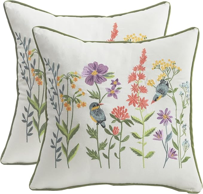 Embroidered Throw Pillow Covers 20 x 20 inch Pack of 2 Vintage Birds with Flowers Farmhouse Pillow Cushion Cases Summer Decorative Pillowcases Home Decor Square Floral Pillow Case