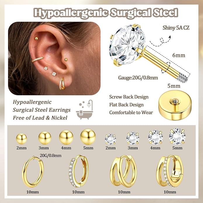 Jstyle Hypoallergenic 14K Gold Plated Stud Hoop Earrings for Women Men Surgical Stainless Steel Flat Back Earrings Small Huggie Hoops Cartilage Earring Set for Multiple Piercing Jewelry Gift for Women
