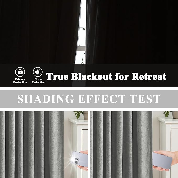 Vision Home Pinch Pleated Dark Grey Blackout Curtains 90 inch Linen Blended Room Darkening Drapes with Thermal Insulation & Back Tab Hooks for Bedroom Living Room, 40" Wx90 L 2 Panels