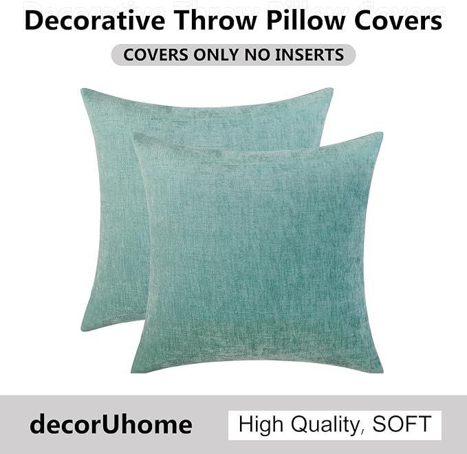 decorUhome Soft Chenille Aqua Haze Throw Pillow Covers 22X22 Set of 2 | Decorative Fall Couch Pillow Covers Solid Dyed Accent Modern Euro Sham Farmhouse Neutral Square Pillow Cases for Sofa
